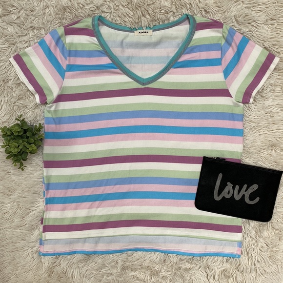 Adora Striped V-Neck Top 💗 Aqua Mint Purple Pink & Cream - Picture 2 of 13